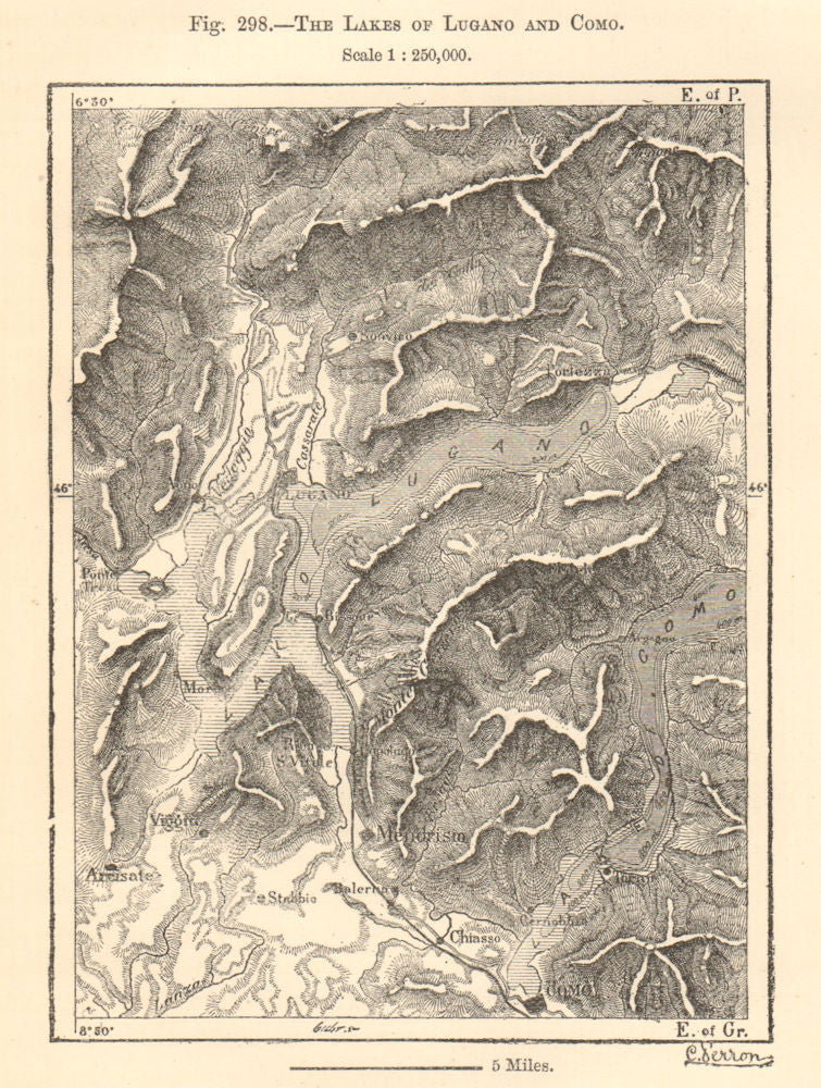 The Lakes of Lugano and Como. Italy Switzerland. Sketch map 1885 old